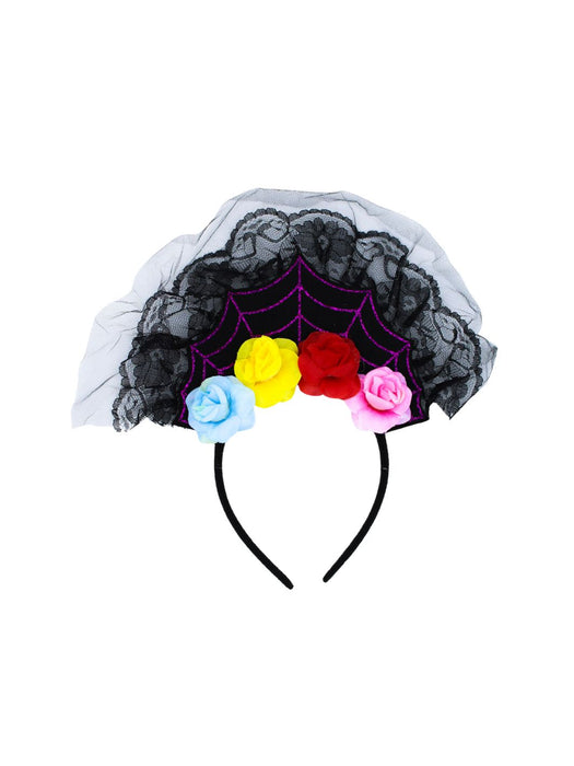 Diadema de Catrina con flores y encaje – Accesorio de Día de Muertos