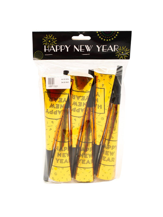 Cornetas “Happy New Year” Doradas – Paquete con 6 Piezas