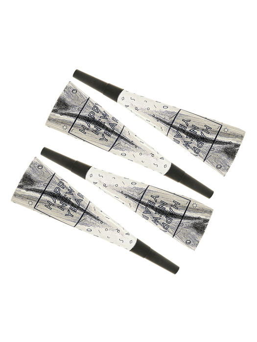 Cornetas “Happy New Year” Plateadas – Paquete con 6 Piezas