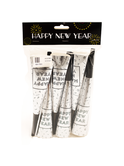 Cornetas “Happy New Year” Plateadas – Paquete con 6 Piezas
