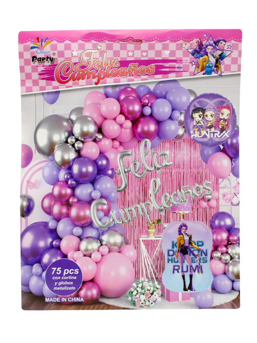 Set de Globos Feliz Cumpleaños - guerreras k pop rosa
